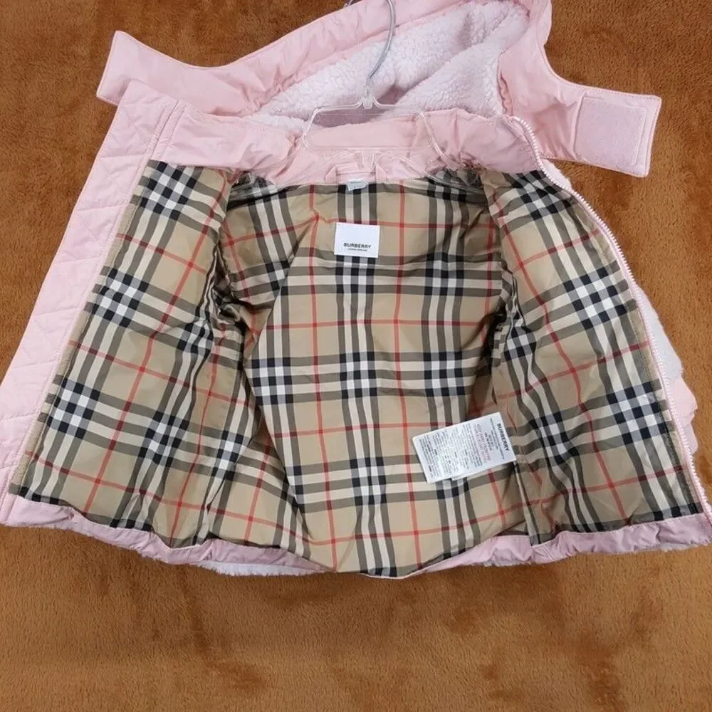 BABY BURBERRY Girls Puffer Coat Size 18M Pink Hooded Lined CALDER $545